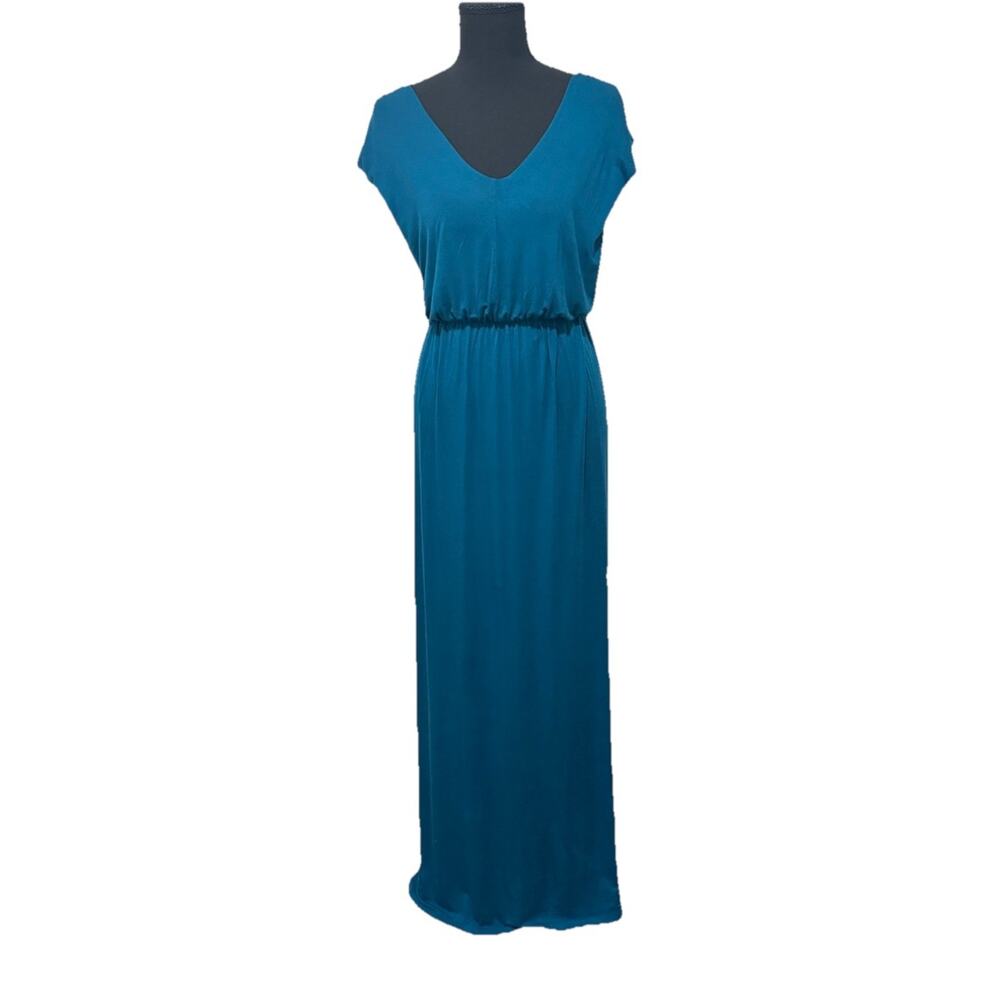 Sabine Teal Maxi Dress Womens L V Neck Blouson Waist Stretch Jersey USA